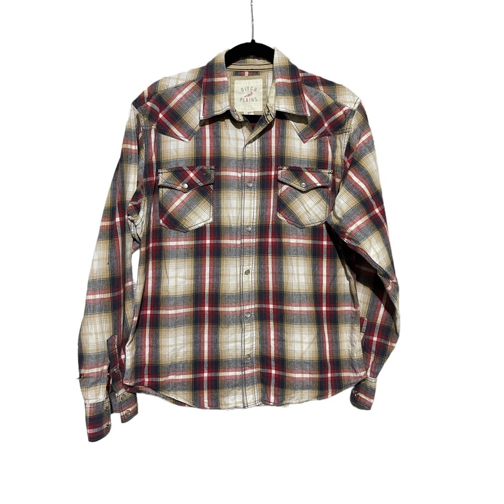 Ditch‎ Plains Men's Button Up Shirt Western Pearl Snap Red Beige Size Medium